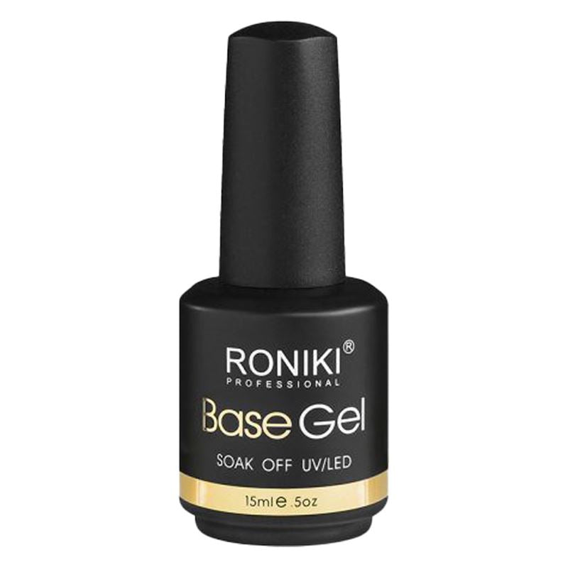 Eine schwarze 15-ml-Flasche RONIKI Professional Base Gel mit der Aufschrift „Soak Off UV/LED” und einem goldenen Band – ideal in Kombination mit dem UNIQ Nail Starter Kit: Komplettes Gel-Nagelset mit 80-W-UV/LED-Trockner.