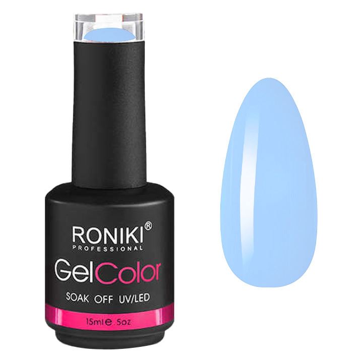 Ein UNIQ Nail Starter Kit: Komplettes Gel-Nagelset mit 80-W-UV/LED-Trockner wird neben einem glänzenden, hellblauen Gel-Nagel-Muster gezeigt. Das UNIQ-Kit enthält Soak-Off-Gel-Farbe und funktioniert perfekt mit jeder UV/LED-Aushärtungslampe.