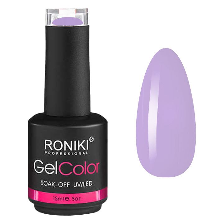 Eine Flasche UNIQ Gel Color Nagellack wird neben glänzenden pastellvioletten Nagelproben gezeigt. Die elegante schwarze Flasche mit einem rosa-weißen Etikett ergänzt das UNIQ Nail Starter Kit: Komplettes Gel-Nagelset mit 80-W-UV/LED-Trockner.
