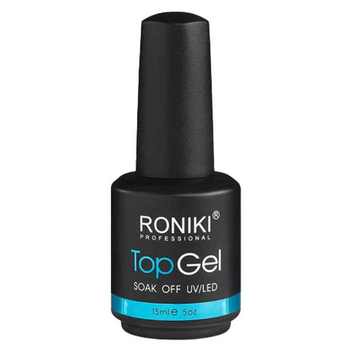 Eine schwarze Flasche aus dem UNIQ Nail Starter Kit: Komplettes Gel-Nagel-Set mit 80-W-UV/LED-Trockner – professionelles Top-Gel für Gelnägel, beschriftet mit „Soak Off UV/LED”, blauer Akzent am Boden, 15 ml; ideal für jede UV/LED-Lampe.