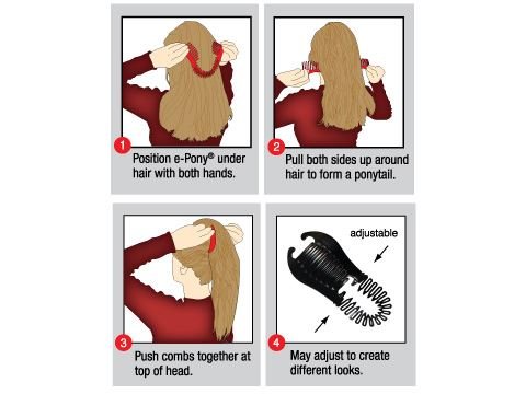 Step-by-step images show a woman using the SOHO Banana Interlocking Hair Claw - tortoise: positioning it, lifting both sides, interlocking the combs at the top, plus a shot of the adjustable claw.