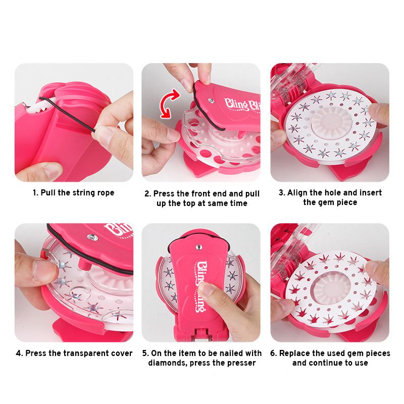 Create dazzling hair accessories with the Fashiongirl Bling Bling Ultimate Glam Kit—180 diamonds! Just pull the string, press buttons, load and apply sticky diamond stones with the styling tool, and replace used pieces for endless glam looks.