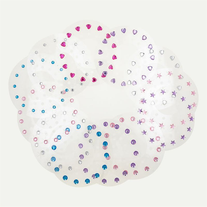 Fashiongirl’s Bling Bling Ultimate Glam Kit includes 180 colorful diamond stickers in heart, star, and round shapes—perfect for styling with bling hair accessories. Pink, blue, purple, and clear gems shimmer from every angle. Includes styling tool.