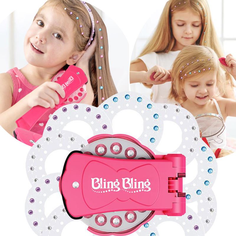 A girl uses the Fashiongirl Bling Bling Ultimate Glam Kit’s pink styling tool to add colorful diamonds to her hair, while two others decorate with sticky gems, all smiling and enjoying the 180-diamond set.