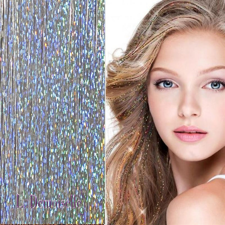 Bling Silver glitter hair extensions 100 pcs glitter hair extensions 80 cm - silver - | Fashiongirl