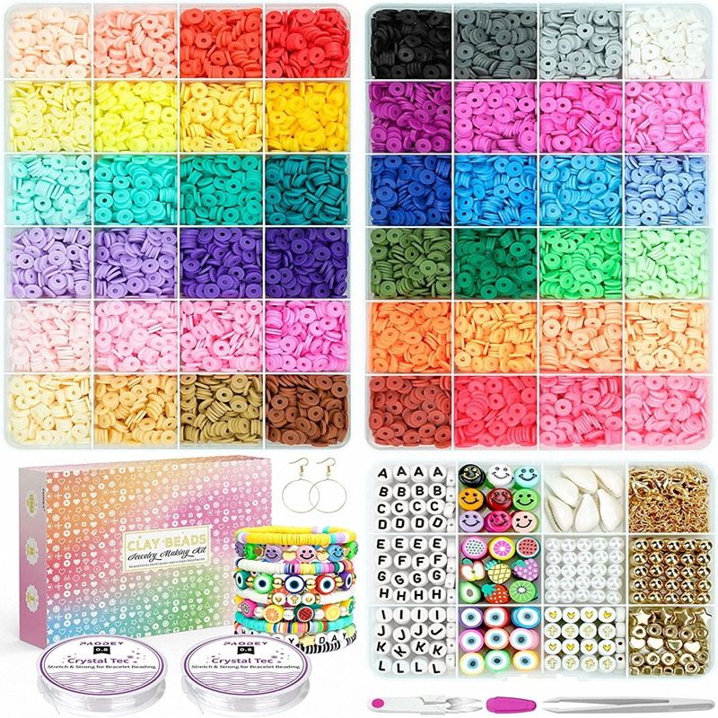 The Fashiongirl Clay Beads / Heishi Beads Arona Kit - KREA DIY Jewellery Kit includes 12,000 assorted beads, letter and smiley beads, earring hooks, elastic cords, and tools, all neatly organized with sample kit and packaging.