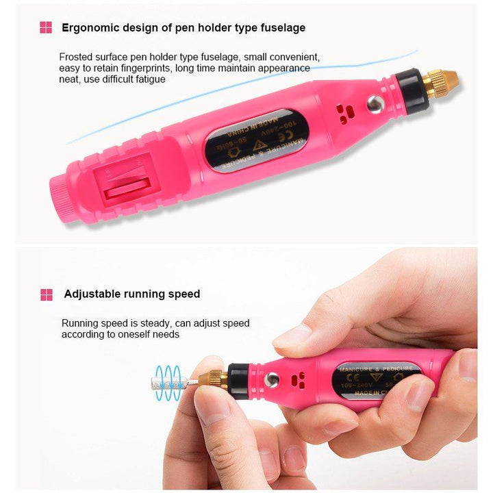 The Electric Nail File 6-in-1 Manicure Set by Fashiongirl is shown in pink. The top image highlights its ergonomic design, while the bottom shows a hand holding it, with blue lines that indicate adjustable speed rotation.
