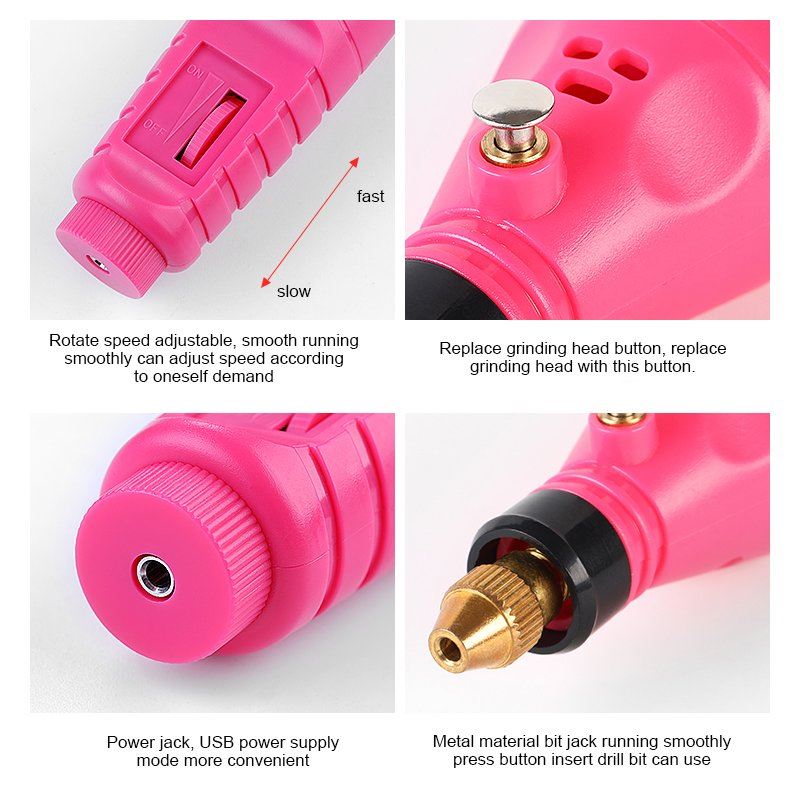 The Fashiongirl Electric Nail File 6-in-1 Manicure Set—Pink is featured in four close-ups showing its speed control switch, grinding head replacement button, USB power jack, and metal drill bit holder for smooth nail care.