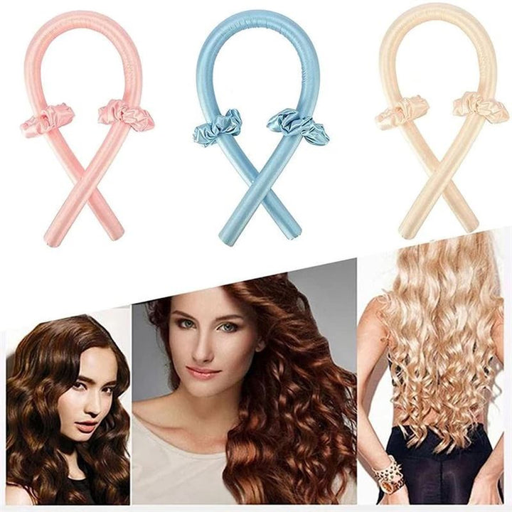 The Fashiongirl Heatless Hair Curlers in pink are shown above photos of women with long, wavy hair, illustrating the impressive curls you can achieve without heat using this TikTok favorite.