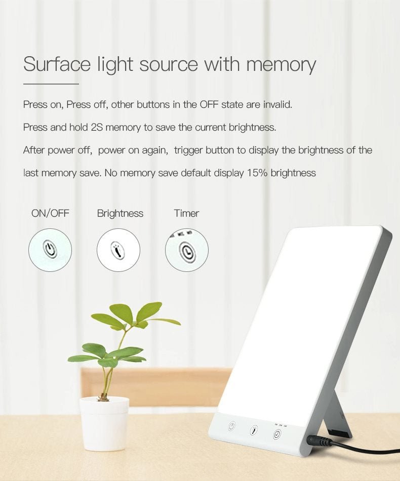 The Fashiongirl Light Therapy Lamp 10,000 lux LED sits on a stand beside a small potted plant. Instructions show memory function, brightness adjustment, timer, and ON/OFF icons—ideal for light therapy and fighting winter depression.