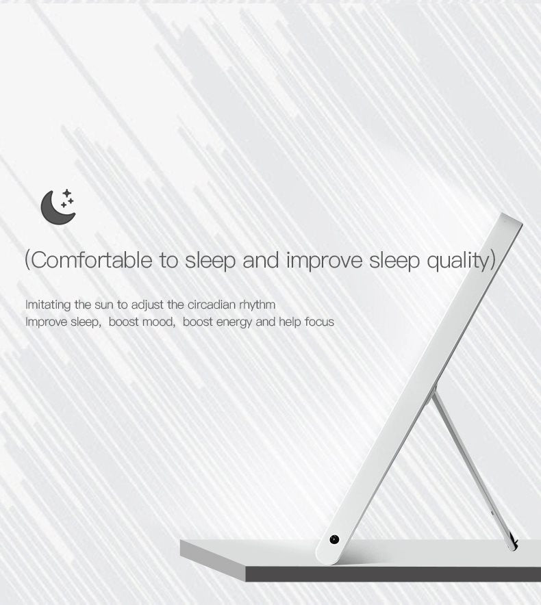 A sleek Fashiongirl Light Therapy Lamp 10,000 lux LED in white stands angled upward, offering artificial daylight to improve sleep, mood, energy, and focus for better circadian rhythm. Subtle gray lines accent the background.