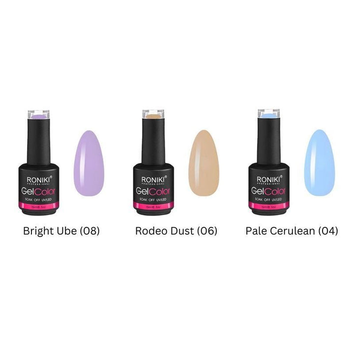 Drei RONIKI Gel Color-Nagellacke – Bright Ube (08), Rodeo Dust (06) und Pale Cerulean (04) – eignen sich perfekt für Gelnägel und sind eine großartige Ergänzung zum UNIQ Nail Starter Kit: Komplettes Gelnagel-Set mit 80-W-UV/LED-Trockner von UNIQ.