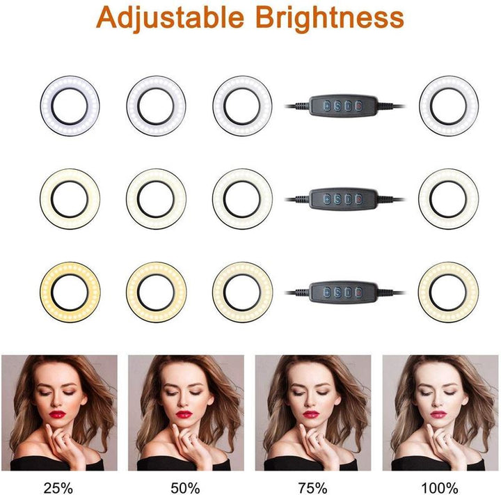 A chart displays three UNIQ Selfie Ring Light color temperatures and four brightness levels (25%, 50%, 75%, 100%). Photos show a woman using the adjustable LED light. Text reads “Adjustable Brightness.” Ideal for streaming, vlogs, and makeup.