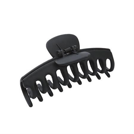 The SOHO Kana Hair Claw - Black by SOHO features wide, curved teeth and a spring hinge for a strong grip, securely holding all hair types in place. Made from durable black plastic.