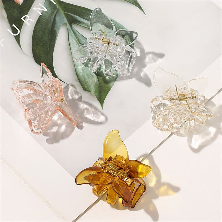 Die SOHO Naja Hair Claws in klar, hellrosa, blassgelb und Espresso von SOHO sind auf einer weißen Fläche mit einem Blattwerkhintergrund angeordnet – ein stilvolles Haaraccessoire für jeden Look.