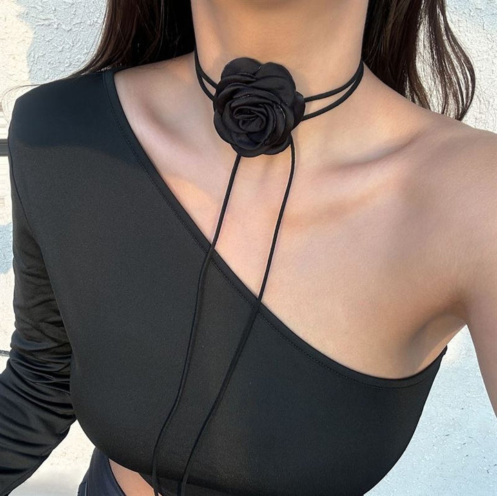 SOHO Rose String Choker Flower Necklace - Black - | Fashiongirl