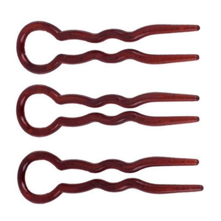 The SOHO Twist Chignon Hairpins pack of 3 features brown, wavy pins with circular handles arranged on a white background—ideal for securing your favorite chignon or updo style.