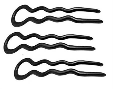 The SOHO Twist Chignon Hairpins pack of 3 features black, wavy-design hairpins with two prongs and a round loop at the end, arranged parallel on a white background.