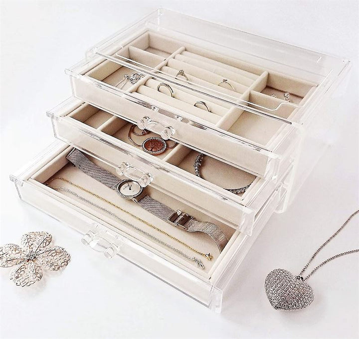 UNIQ Acrylic Jewellery Box with 3 Drawers - Organiser storage for earrings, necklaces, bracelets, watches etc. - Jewelry Box