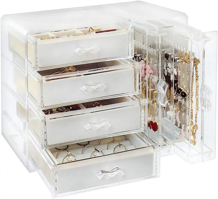 The UNIQ Acrylic Jewellery Organiser (SF 1142) features four velvet-lined drawers for rings and small items, plus two earring holders for hanging jewellery. Set on a white background, it offers clear, organised storage for your accessories.