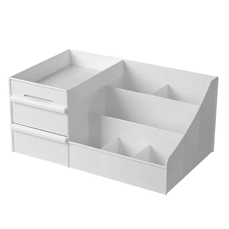 The UNIQ Cosmetic Organiser with Two Drawers, White - P110 by UNIQ features two left drawers and multiple right compartments—ideal for office supplies or as a versatile makeup storage solution for your vanity.