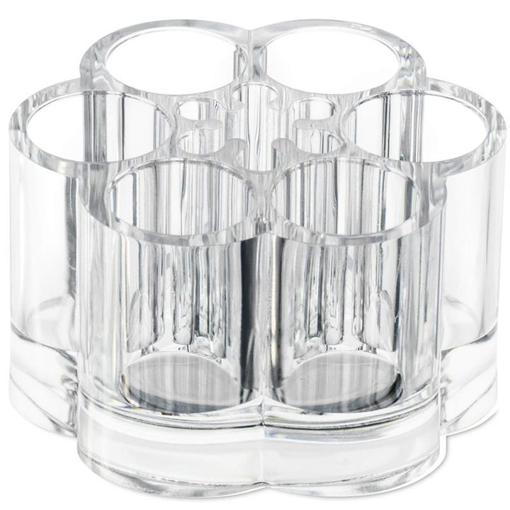 The UNIQ Flower Makeup Acrylic Organiser - U301 by UNIQ features multiple cylindrical compartments, ideal for storing pencils, brushes, or other small items in a stylish flower-shaped clear acrylic design.