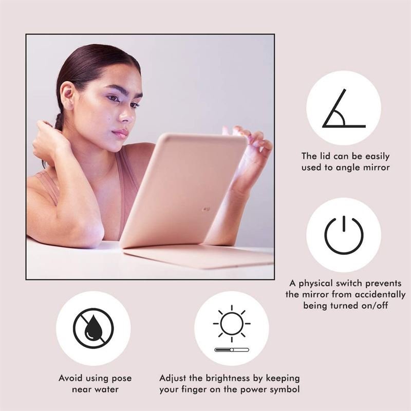 UNIQ Foldable Rechargeable LED Mirror - Vanity Travel Mirror - Pink - Mirror