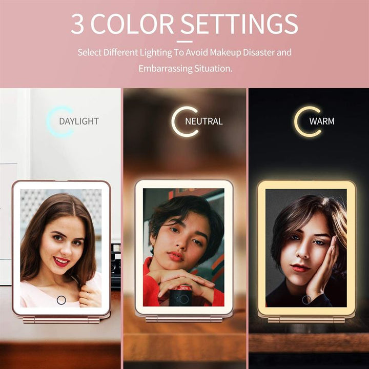 A split image shows three women using the UNIQ Foldable LED Makeup Mirror—rechargeable and travel-friendly—with 3 color settings: daylight, neutral, and warm, for flawless makeup. Text above explains how to choose your perfect lighting.