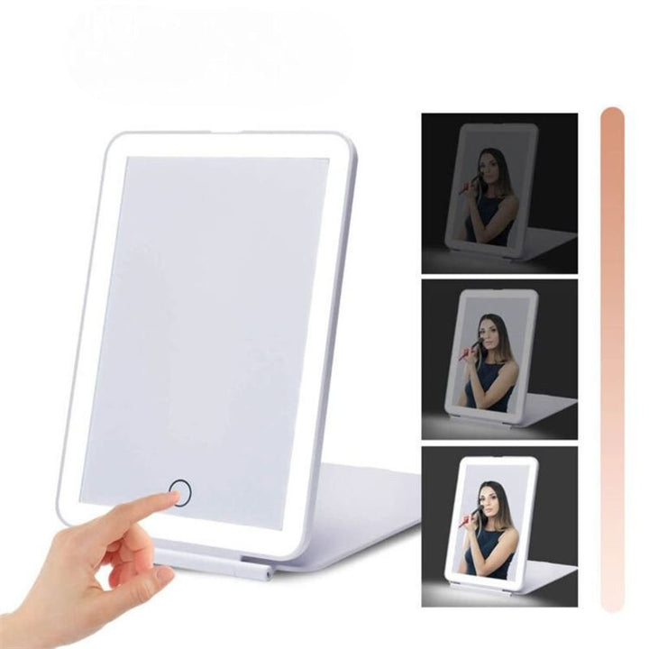On the left is the UNIQ Foldable LED Makeup Mirror—rechargeable, travel-friendly, in white. On the right, three images show a woman using the UNIQ mirror at various light settings, with a hand activating its touch power button.