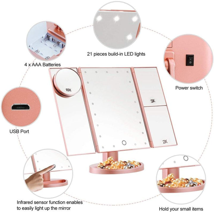 UNIQ Hollywood Makeup Mirror Trifold mirror with LED light, RoseGold - | Fashiongirl