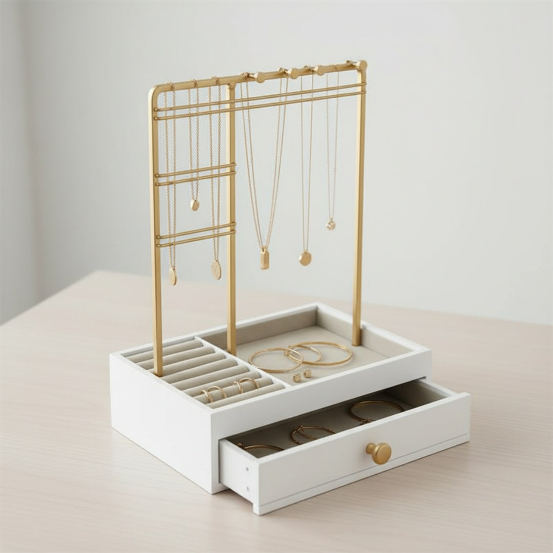 UNIQ Gold Jewelry Stand with Drawer (29 cm) - Earring & Necklace Organizer