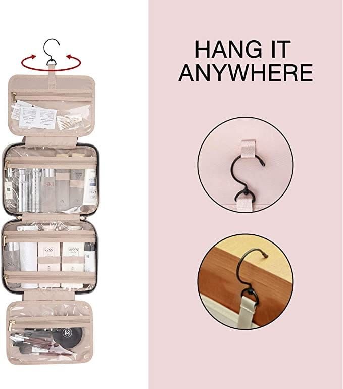 A black UNIQ Travel Toiletry Bag with a hanging hook and 4 waterproof compartments is shown open and filled with toiletries. Text reads HANG IT ANYWHERE, with close-ups of the UNIQ bag’s hook on various surfaces.