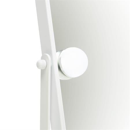 Close-up of the white adjustment knob on the side of the UNIQ XL Hollywood make-up mirror with 6 LED bulbs and touch function by UNIQ, showing the mirror’s edge and supporting frame.