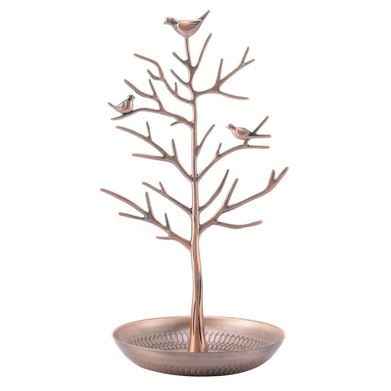 The UNIQ Bronze Vintage Jewelry Tree with 3 Birds is a jewelry organizer display stand featuring bare branches, three bird figurines, and a round shallow dish at the base.